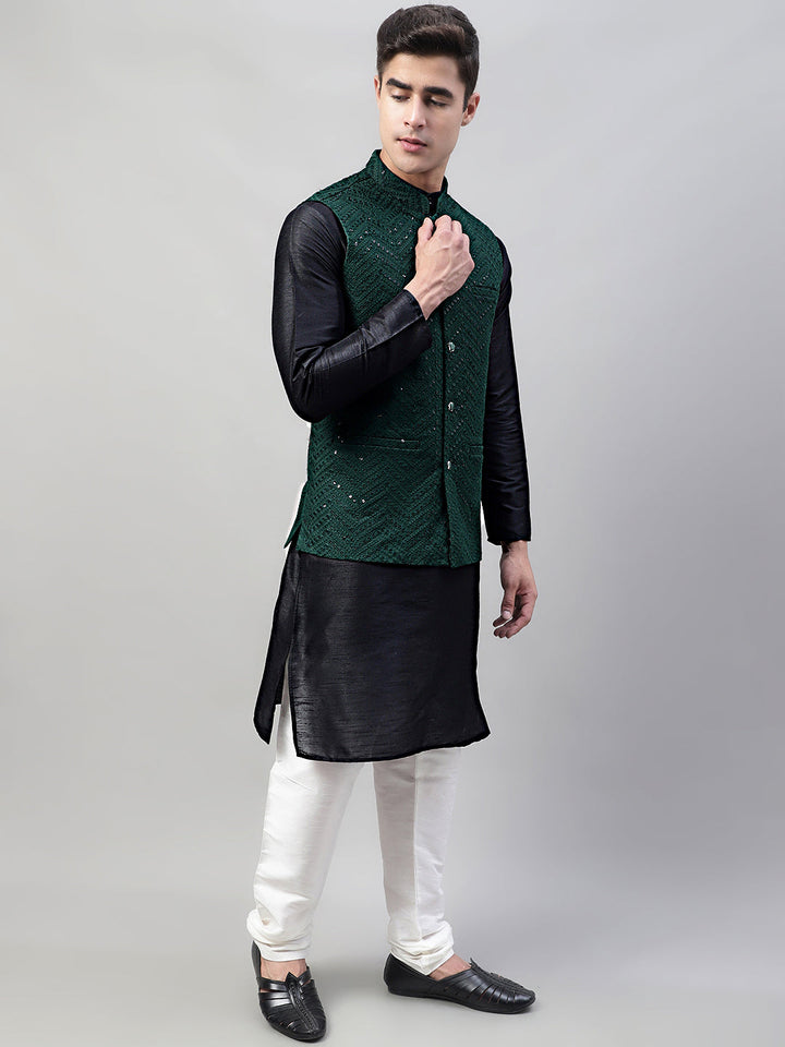 Men Black Solid Kurta Pyjama With  Olive Green Embroidered Nehru Jacket