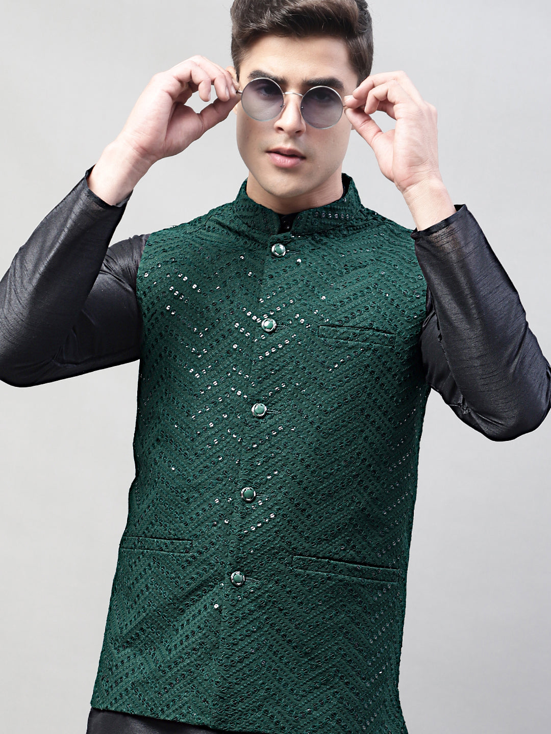 Men Black Solid Kurta Pyjama With  Olive Green Embroidered Nehru Jacket