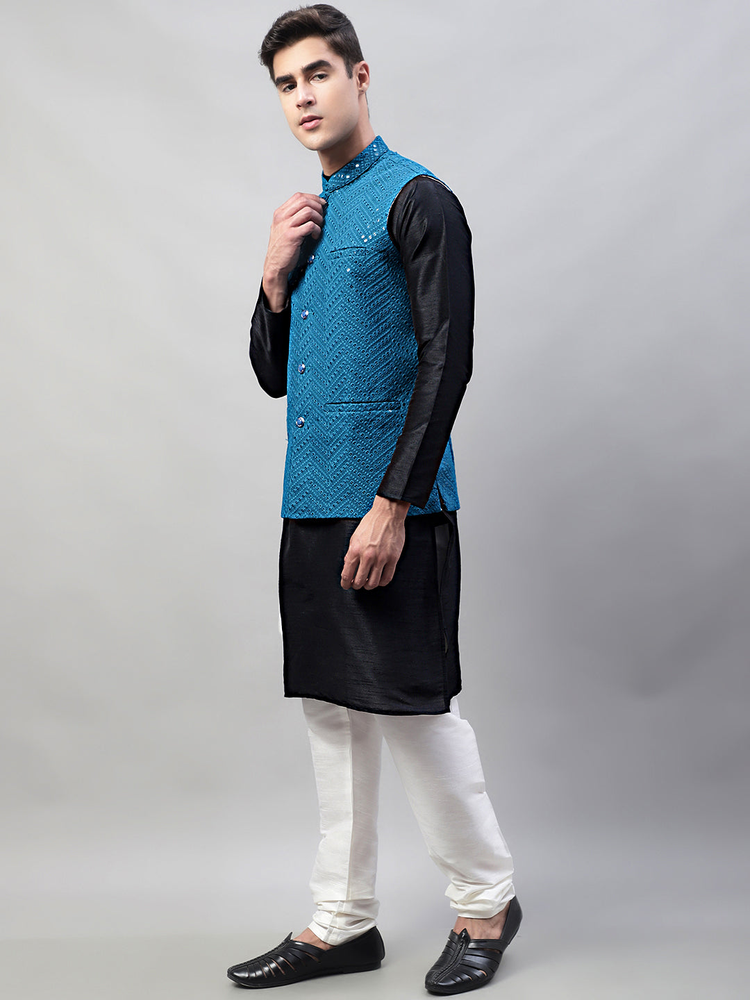 Men Black Solid Kurta Pyjama With  Blue Embroidered Nehru Jacket