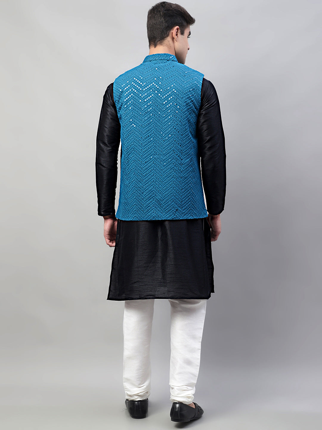Men Black Solid Kurta Pyjama With  Blue Embroidered Nehru Jacket