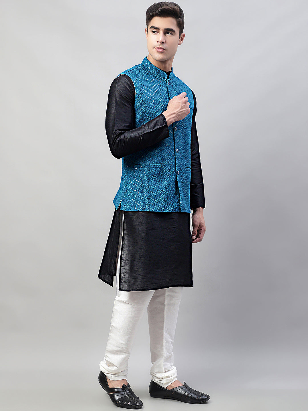 Men Black Solid Kurta Pyjama With  Blue Embroidered Nehru Jacket