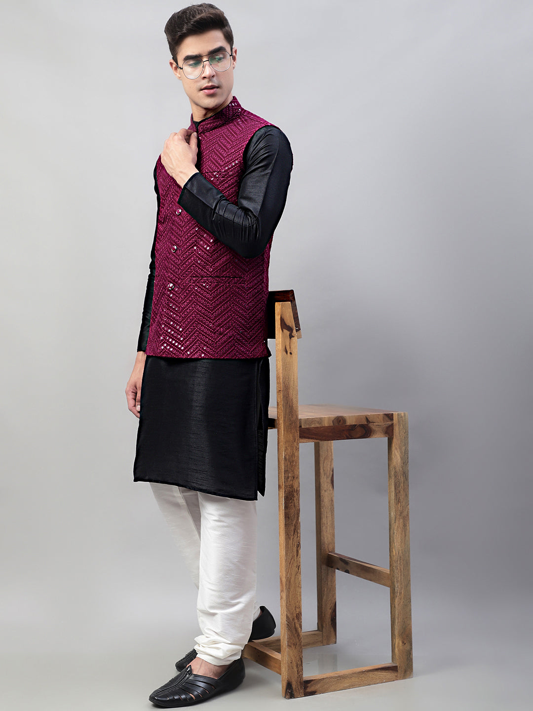 Men Black Solid Kurta Pyjama With  Purple Embroidered Nehru Jacket