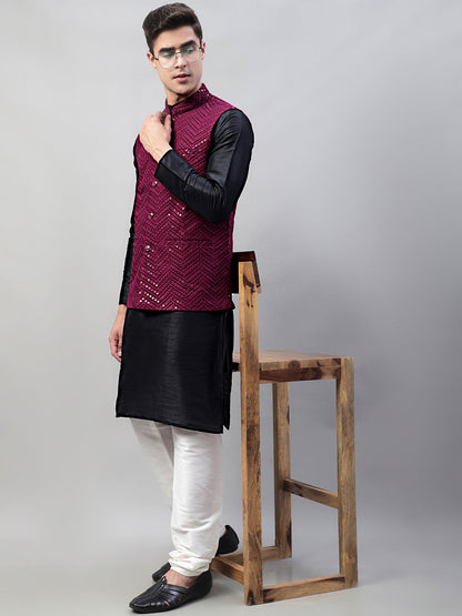 Men Black Solid Kurta Pyjama With  Purple Embroidered Nehru Jacket