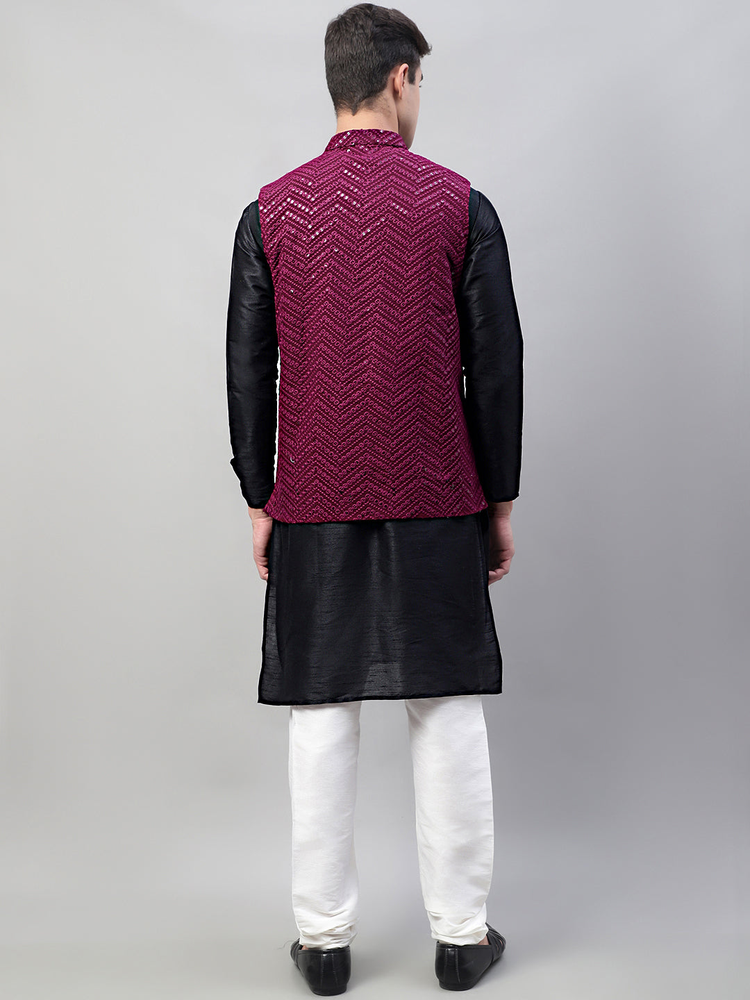 Men Black Solid Kurta Pyjama With  Purple Embroidered Nehru Jacket