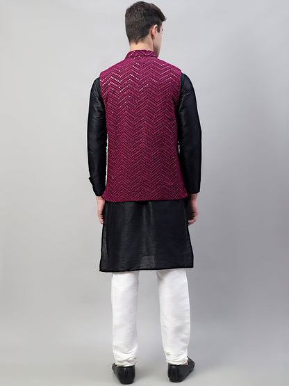 Men Black Solid Kurta Pyjama With  Purple Embroidered Nehru Jacket