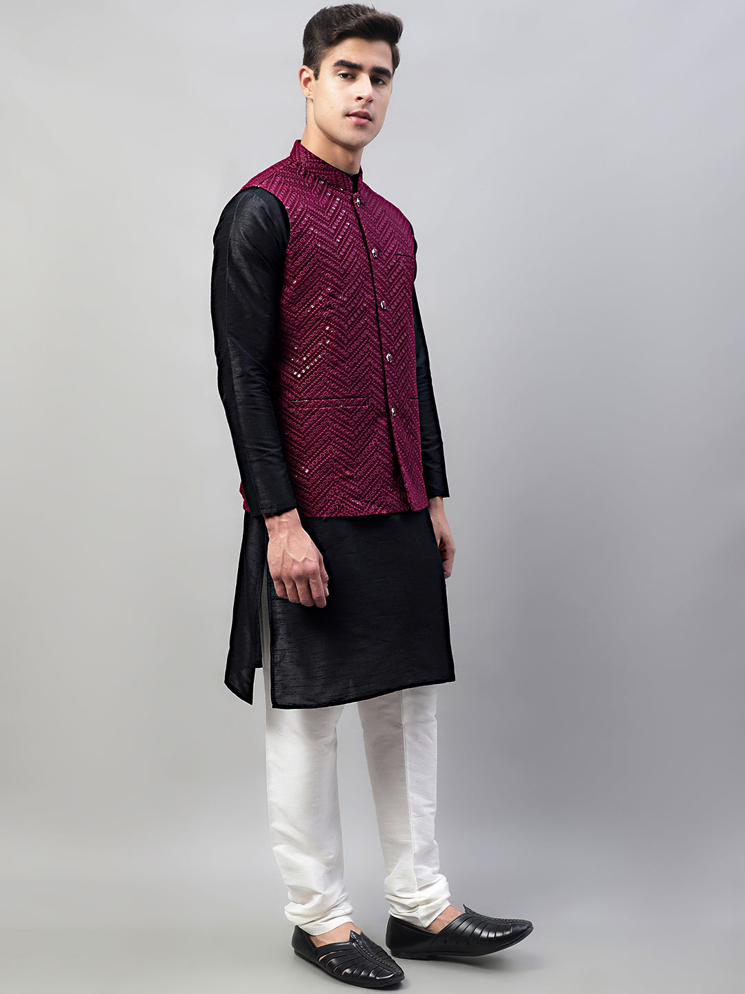 Men Black Solid Kurta Pyjama With  Purple Embroidered Nehru Jacket