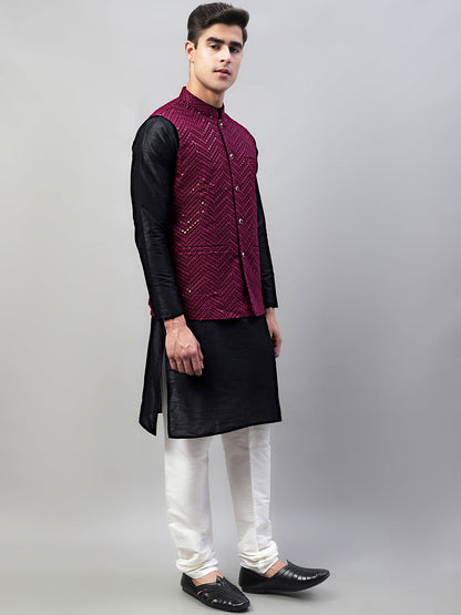 Men Black Solid Kurta Pyjama With  Purple Embroidered Nehru Jacket