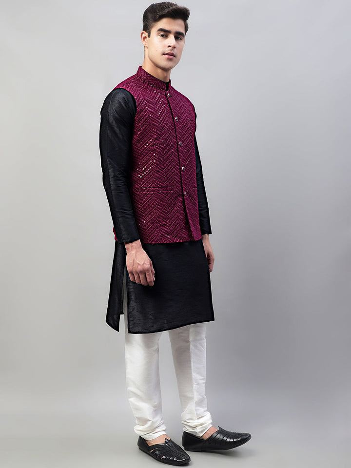 Men Black Solid Kurta Pyjama With  Purple Embroidered Nehru Jacket