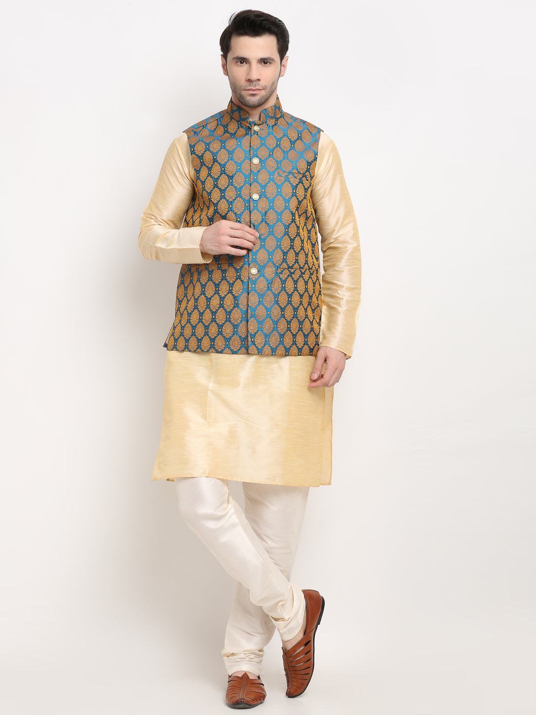 Dupion Silk Self-Design Kurta Set With Jacket