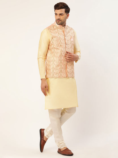 Men'S Solid Kurta Pyjama With Embroidered Nehru Jacket