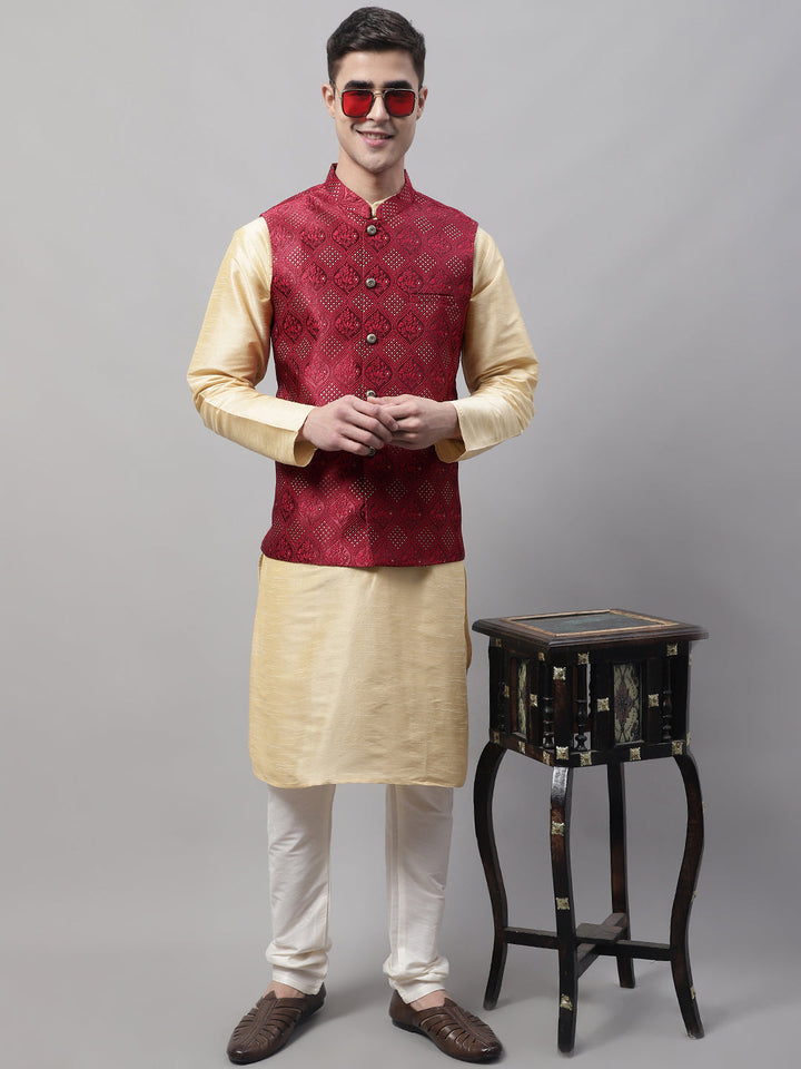 Men Golden Solid Kurta Pyjama With Maroon Woven Design Nehru Jacket