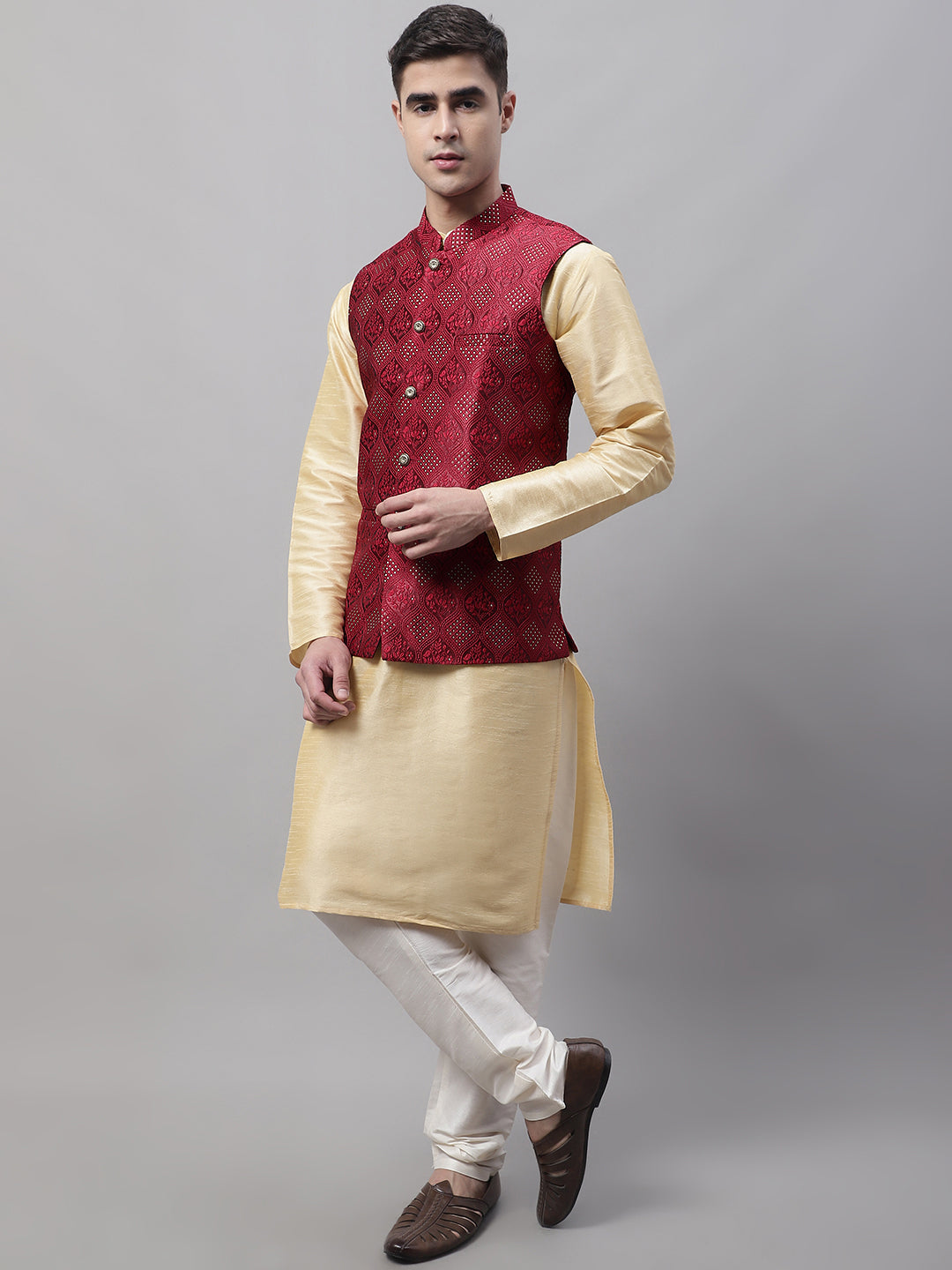 Men Golden Solid Kurta Pyjama With Maroon Woven Design Nehru Jacket