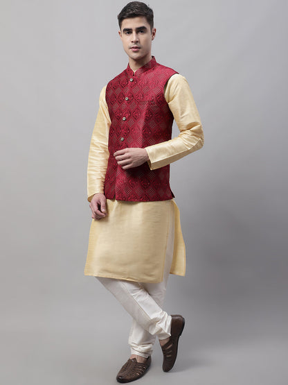 Men Golden Solid Kurta Pyjama With Maroon Woven Design Nehru Jacket