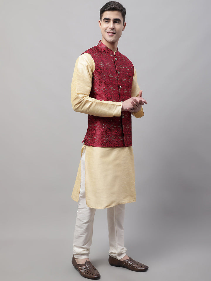 Men Golden Solid Kurta Pyjama With Maroon Woven Design Nehru Jacket