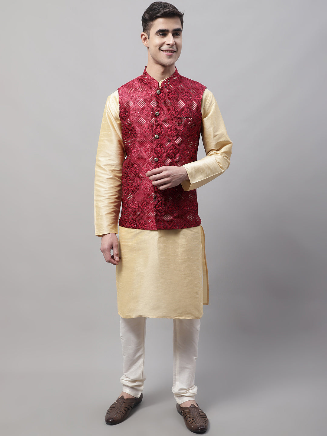 Men Golden Solid Kurta Pyjama With Maroon Woven Design Nehru Jacket
