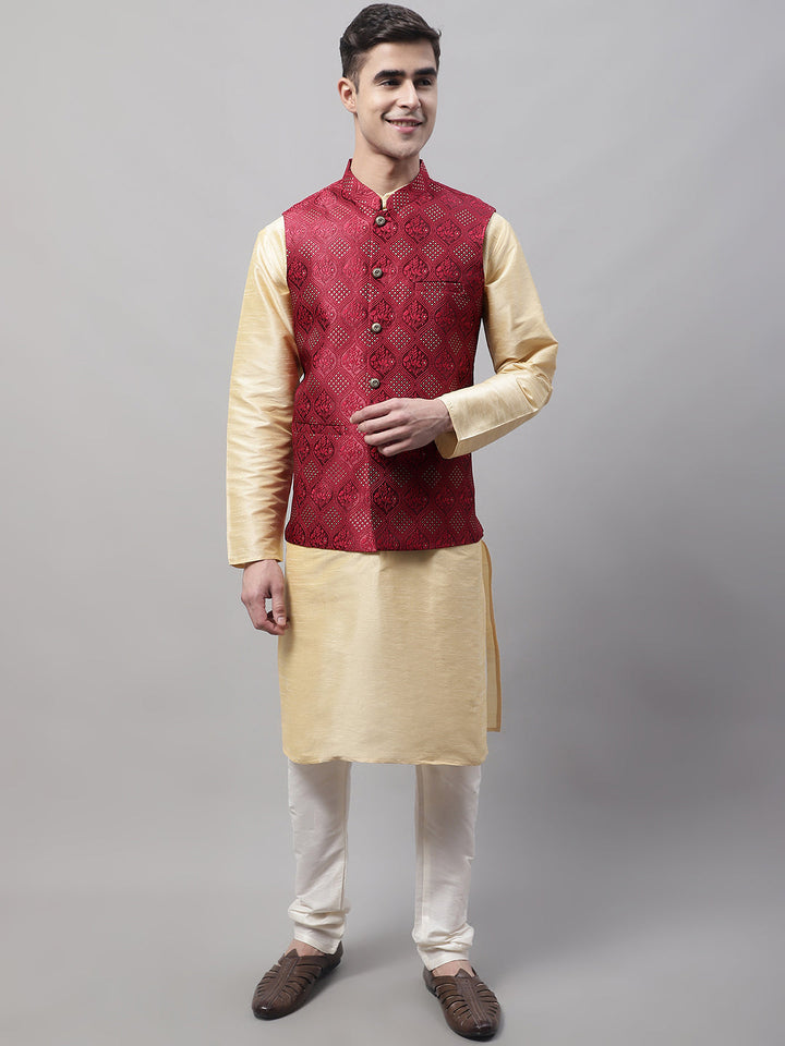 Men Golden Solid Kurta Pyjama With Maroon Woven Design Nehru Jacket