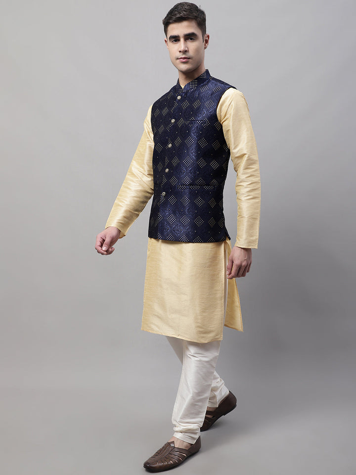 Men Golden Solid Kurta Pyjama With Navy Blue Woven Design Nehru Jacket