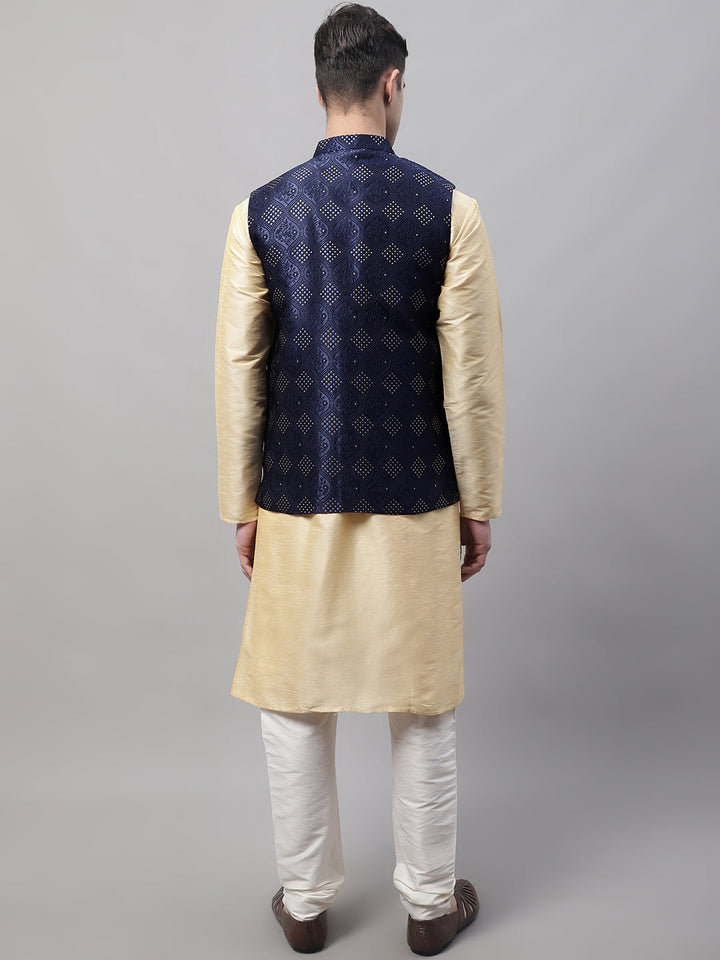 Men Golden Solid Kurta Pyjama With Navy Blue Woven Design Nehru Jacket