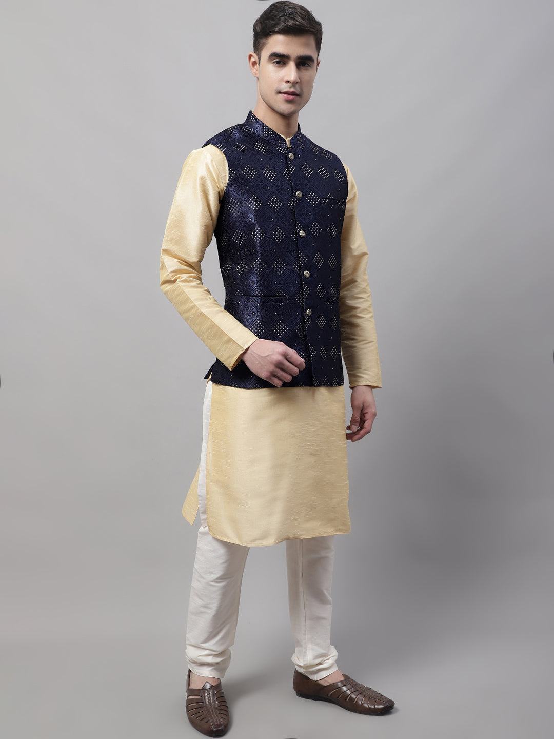 Men Golden Solid Kurta Pyjama With Navy Blue Woven Design Nehru Jacket
