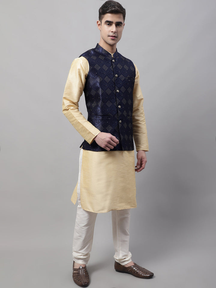 Men Golden Solid Kurta Pyjama With Navy Blue Woven Design Nehru Jacket