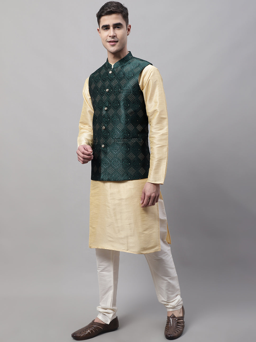 Men Golden Solid Kurta Pyjama With Olive Woven Design Nehru Jacket