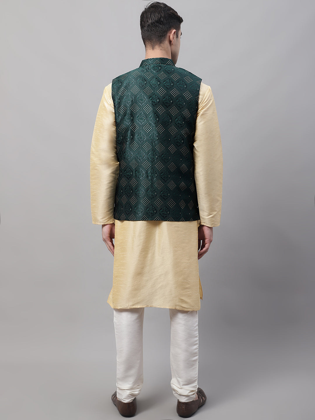 Men Golden Solid Kurta Pyjama With Olive Woven Design Nehru Jacket