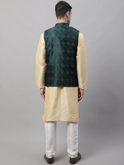 Men Golden Solid Kurta Pyjama With Olive Woven Design Nehru Jacket