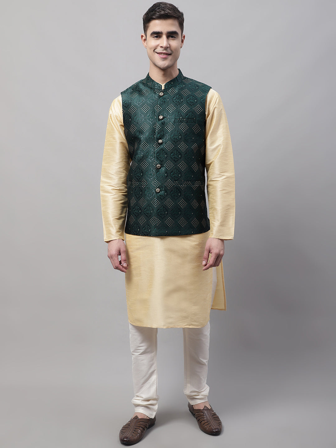 Men Golden Solid Kurta Pyjama With Olive Woven Design Nehru Jacket