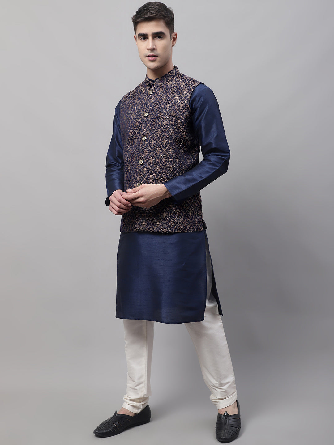 Men Navy Blue Solid Kurta Pyjama With  Brown Woven Design Nehru Jacket