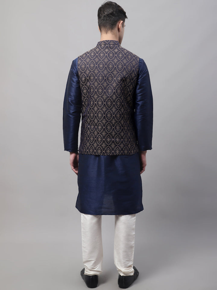 Men Navy Blue Solid Kurta Pyjama With  Brown Woven Design Nehru Jacket
