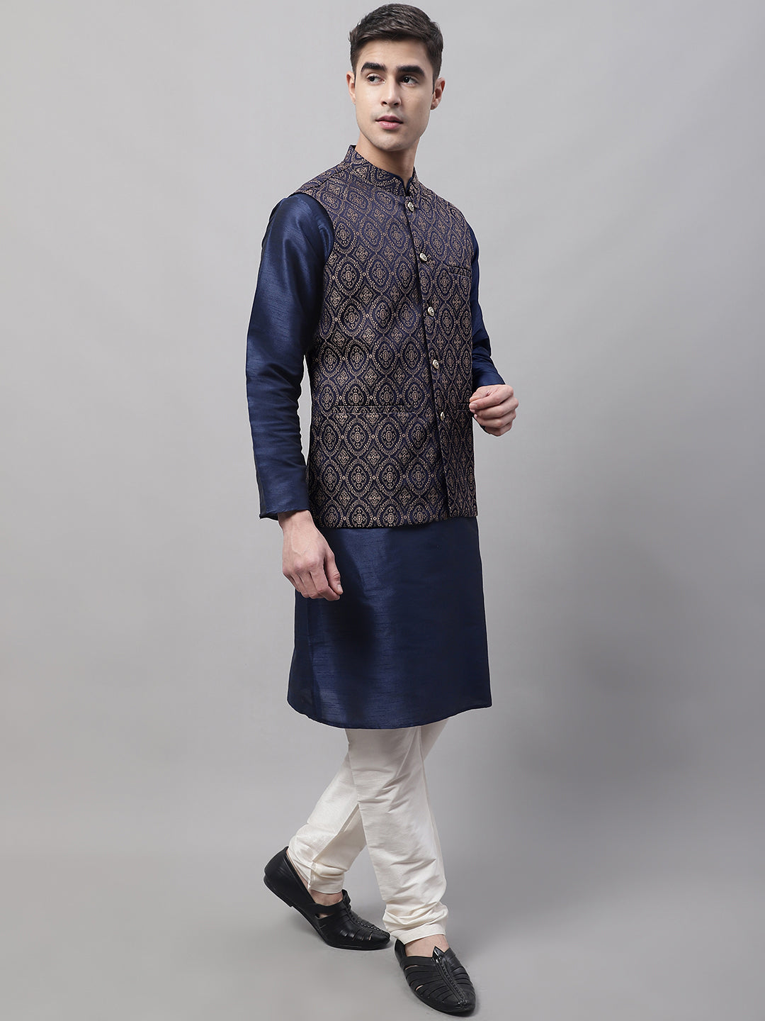 Men Navy Blue Solid Kurta Pyjama With  Brown Woven Design Nehru Jacket
