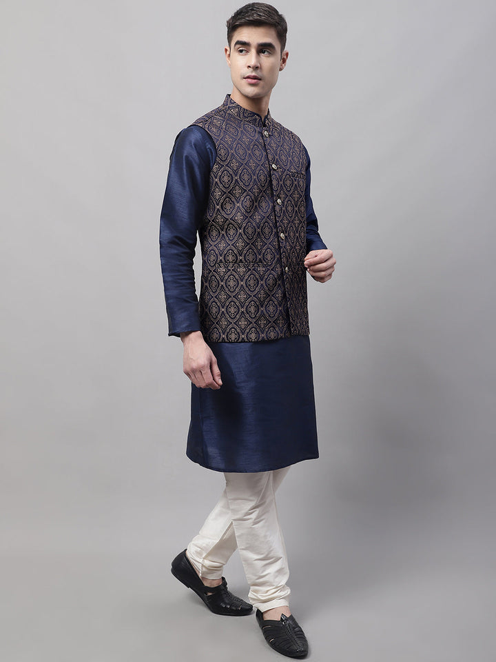 Men Navy Blue Solid Kurta Pyjama With  Brown Woven Design Nehru Jacket
