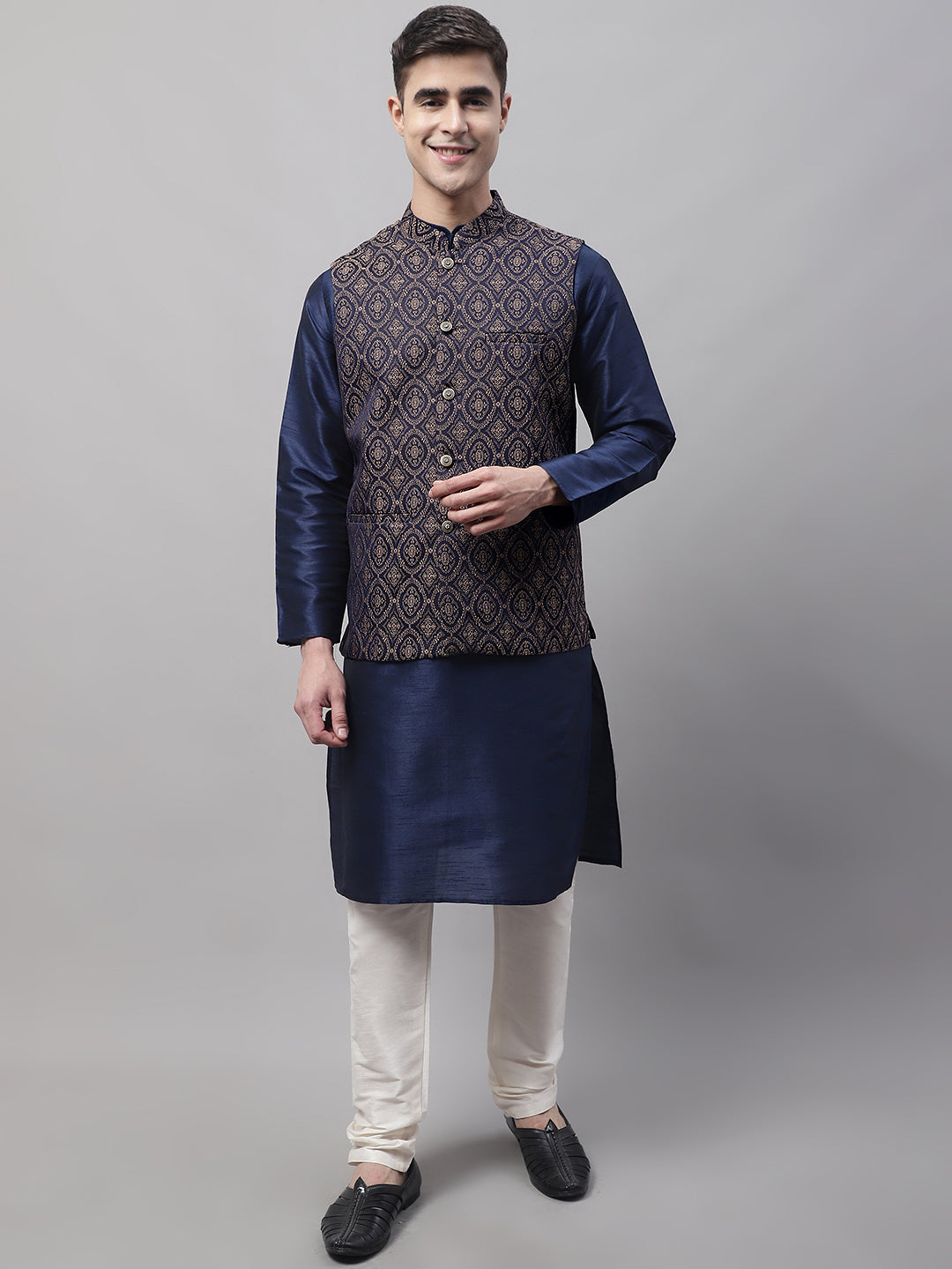 Men Navy Blue Solid Kurta Pyjama With  Brown Woven Design Nehru Jacket