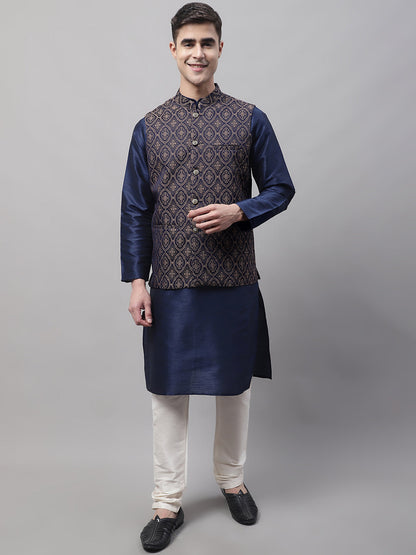 Men Navy Blue Solid Kurta Pyjama With  Brown Woven Design Nehru Jacket