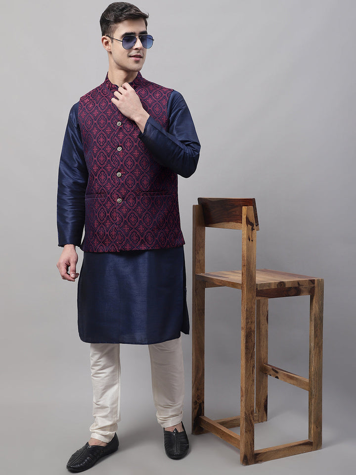 Men Navy Blue Solid Kurta Pyjama With  Maroon Woven Design Nehru Jacket