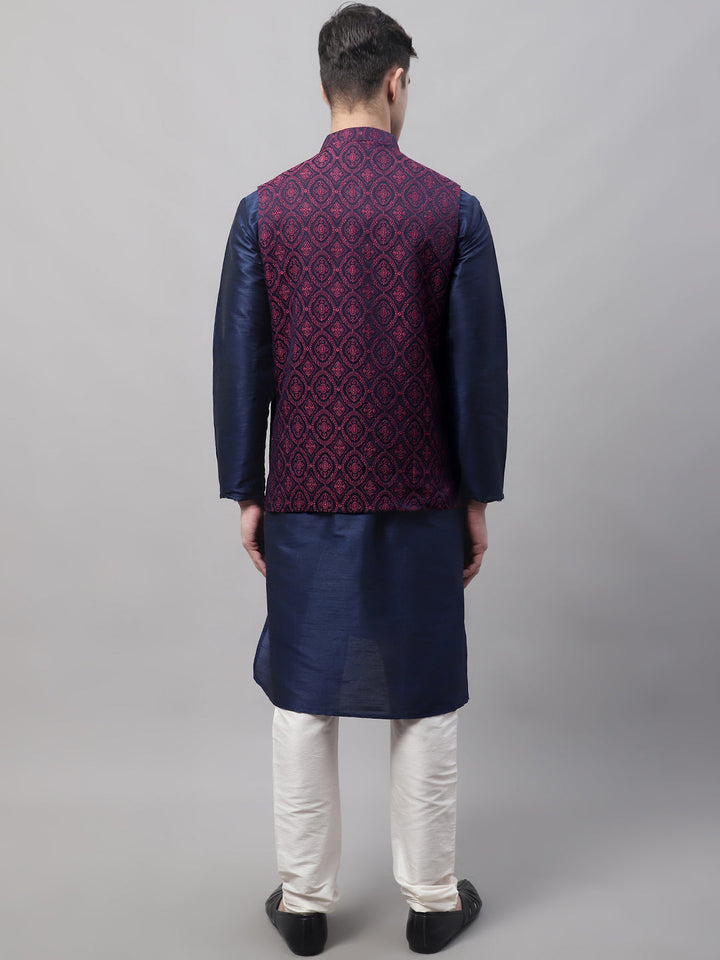 Men Navy Blue Solid Kurta Pyjama With  Maroon Woven Design Nehru Jacket