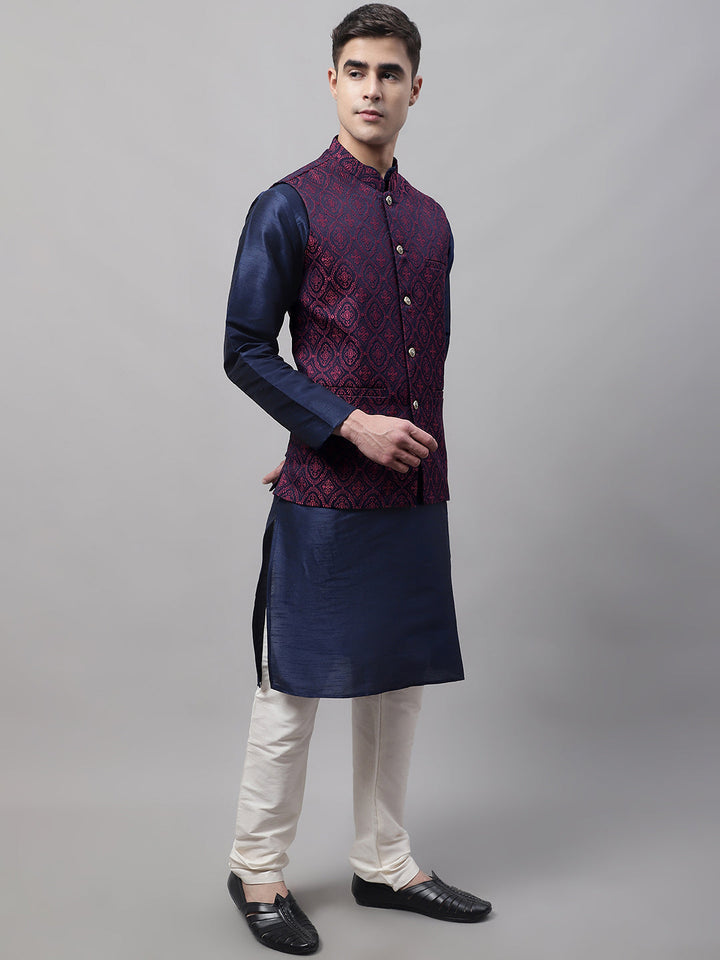 Men Navy Blue Solid Kurta Pyjama With  Maroon Woven Design Nehru Jacket