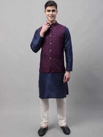 Men Navy Blue Solid Kurta Pyjama With  Maroon Woven Design Nehru Jacket