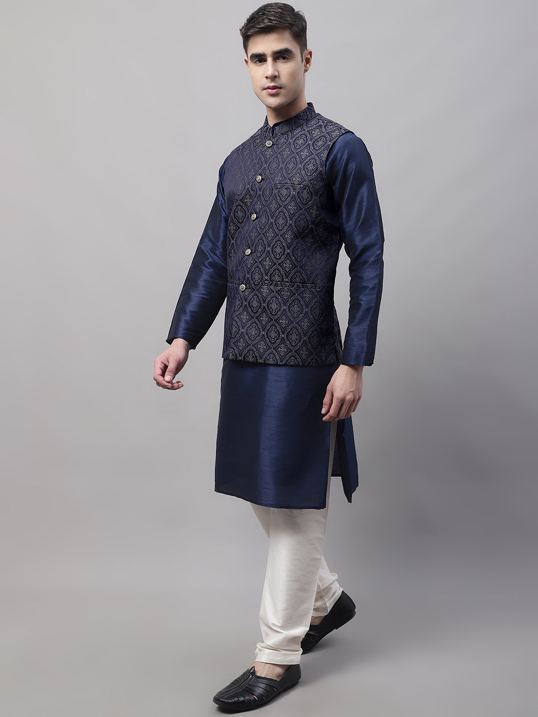 Men Navy Blue Solid Kurta Pyjama With  Silver Woven Design Nehru Jacket