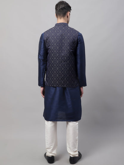 Men Navy Blue Solid Kurta Pyjama With  Silver Woven Design Nehru Jacket