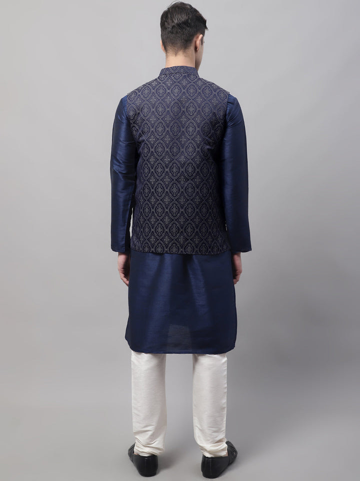 Men Navy Blue Solid Kurta Pyjama With  Silver Woven Design Nehru Jacket