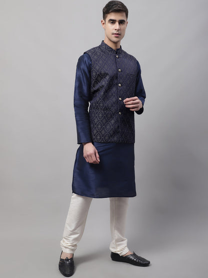 Men Navy Blue Solid Kurta Pyjama With  Silver Woven Design Nehru Jacket