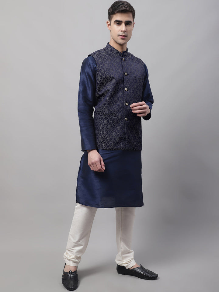Men Navy Blue Solid Kurta Pyjama With  Silver Woven Design Nehru Jacket