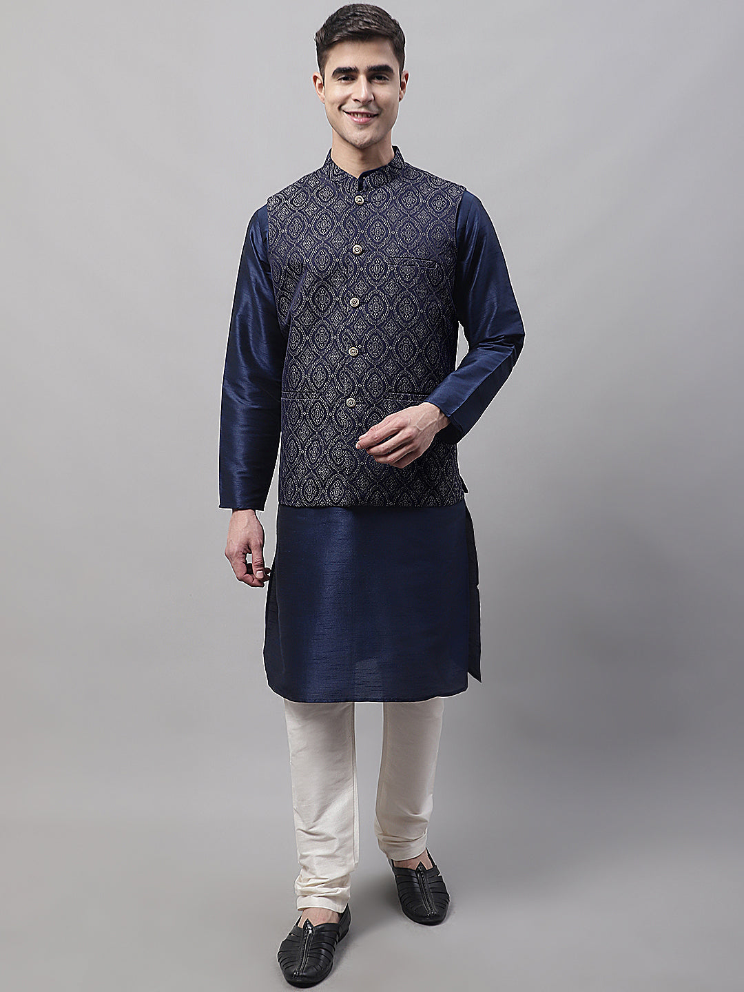 Men Navy Blue Solid Kurta Pyjama With  Silver Woven Design Nehru Jacket