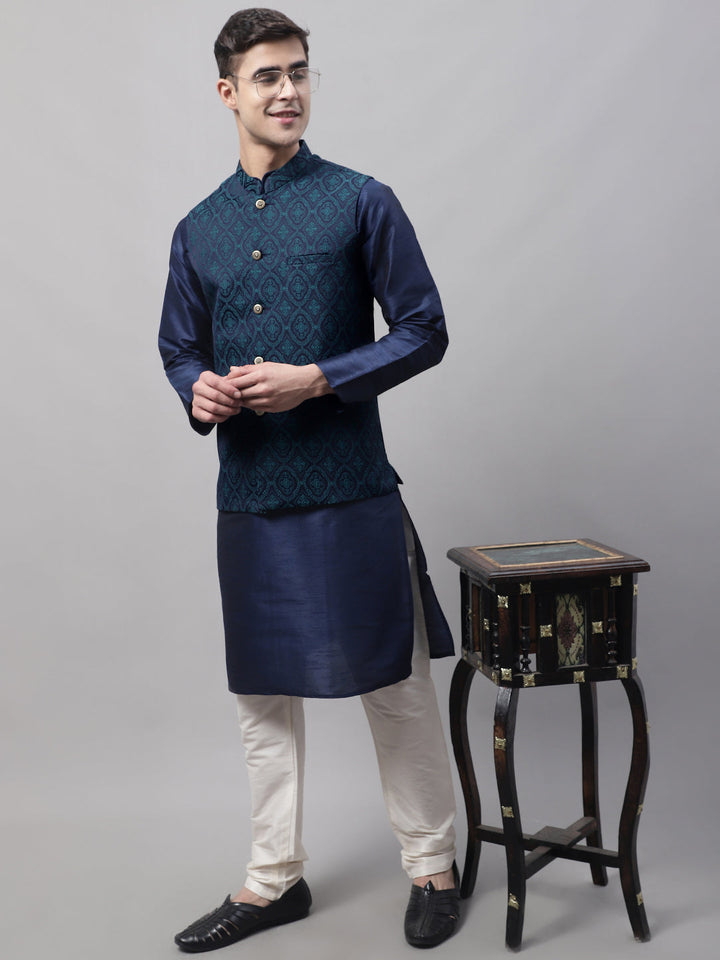 Men Navy Blue Solid Kurta Pyjama With  Green Woven Design Nehru Jacket