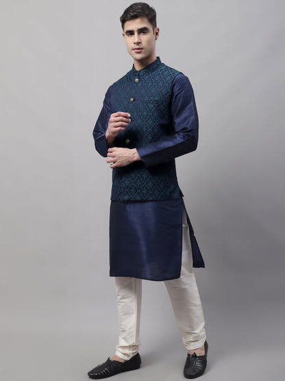 Men Navy Blue Solid Kurta Pyjama With  Green Woven Design Nehru Jacket