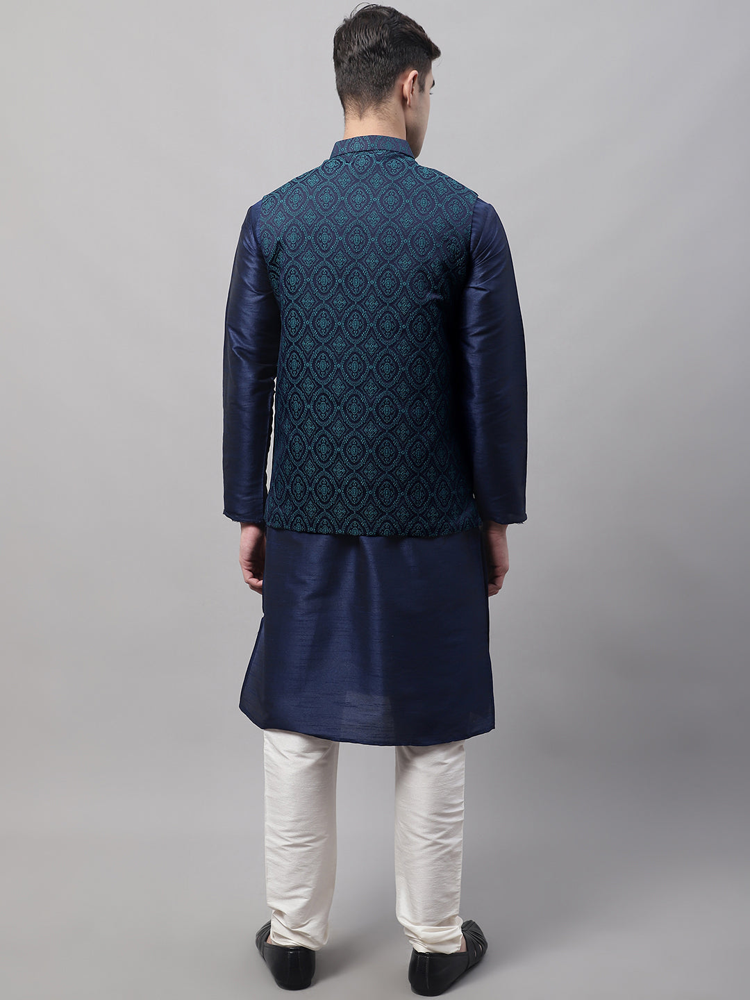 Men Navy Blue Solid Kurta Pyjama With  Green Woven Design Nehru Jacket