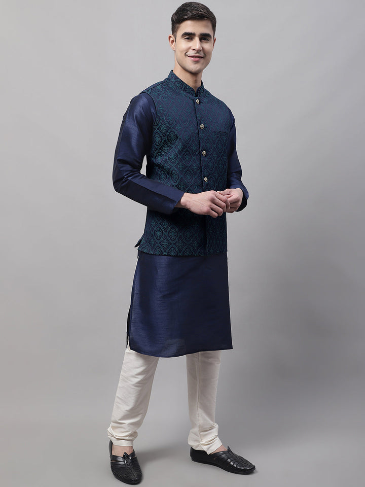 Men Navy Blue Solid Kurta Pyjama With  Green Woven Design Nehru Jacket