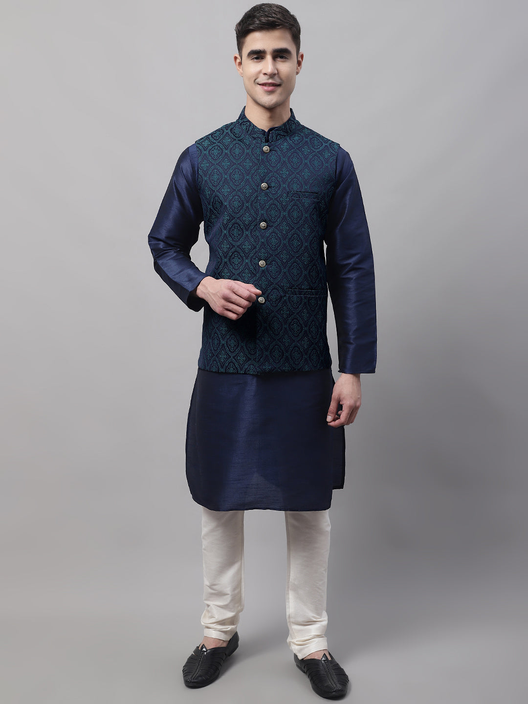 Men Navy Blue Solid Kurta Pyjama With  Green Woven Design Nehru Jacket