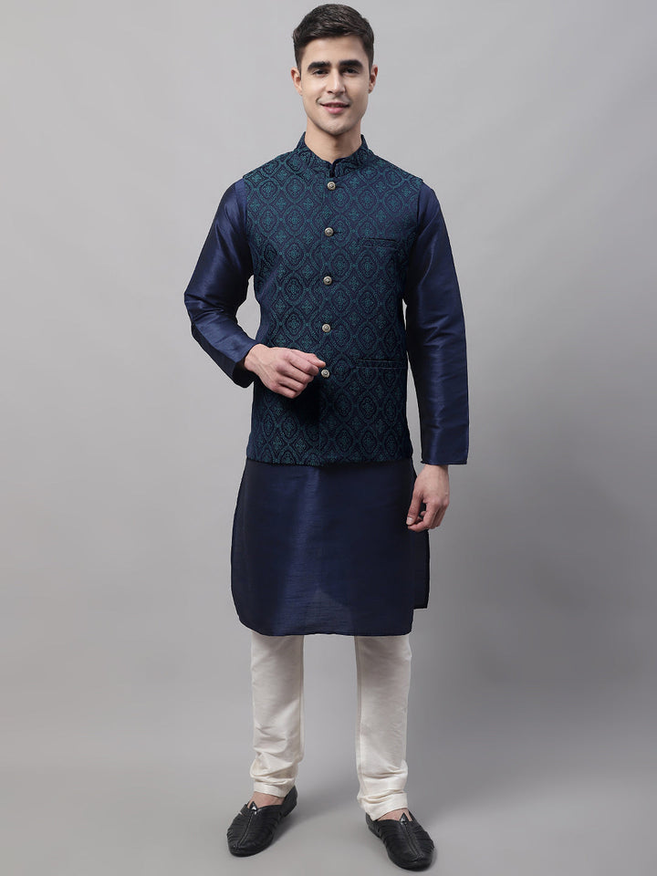 Men Navy Blue Solid Kurta Pyjama With  Green Woven Design Nehru Jacket